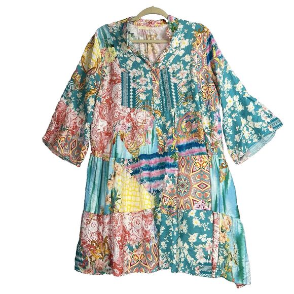 Women Dress  Large Made‎ In Italy Mix Print Patch Dress Fairy Bell Sleeve - Picture 2 of 12